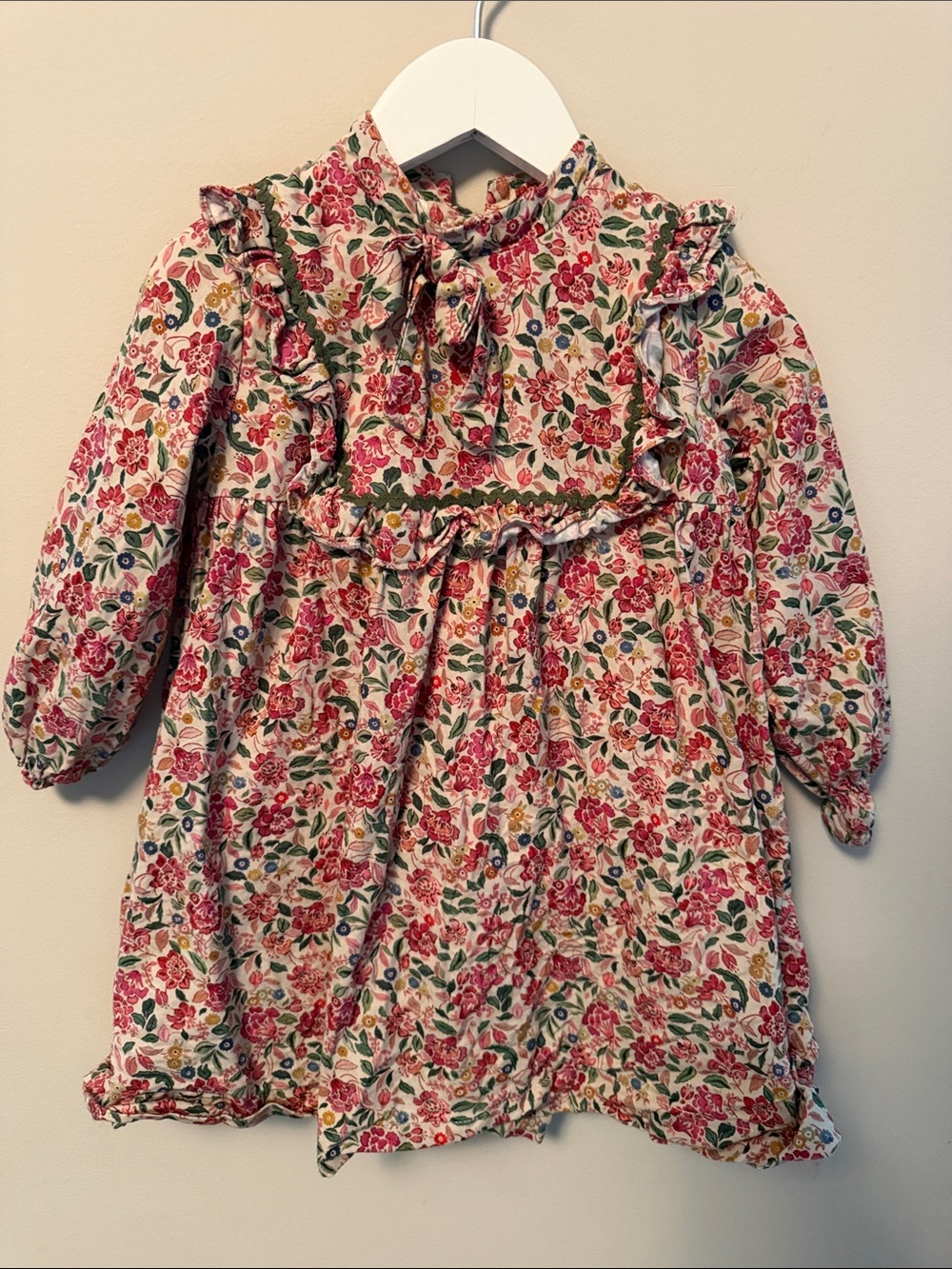 Girls Pink Floral Ruffle Tie-Neck Dress